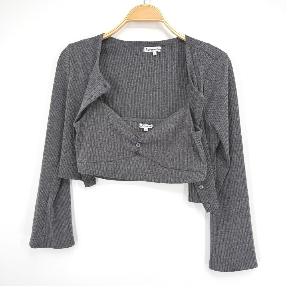Reformation Cardigan Tank Set Women Medium‎ Grey Ribbed 2 Piece Crop Camisole